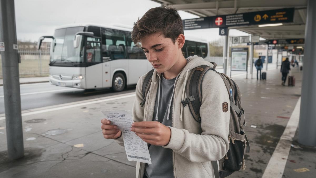 Student traveler with backpack checking a printed trip ticket at a coach station