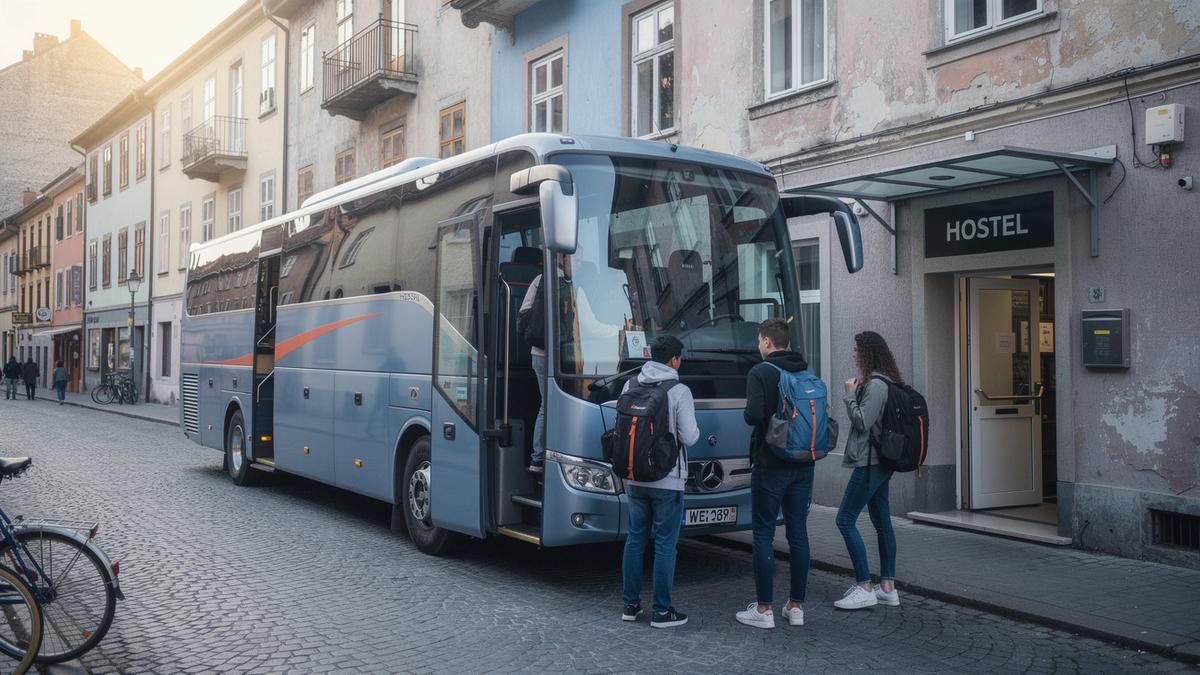 Coach parked near a budget hostel as students board for a European departure