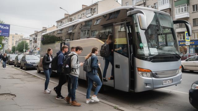 Students boarding a coach in Kyiv for a group tour