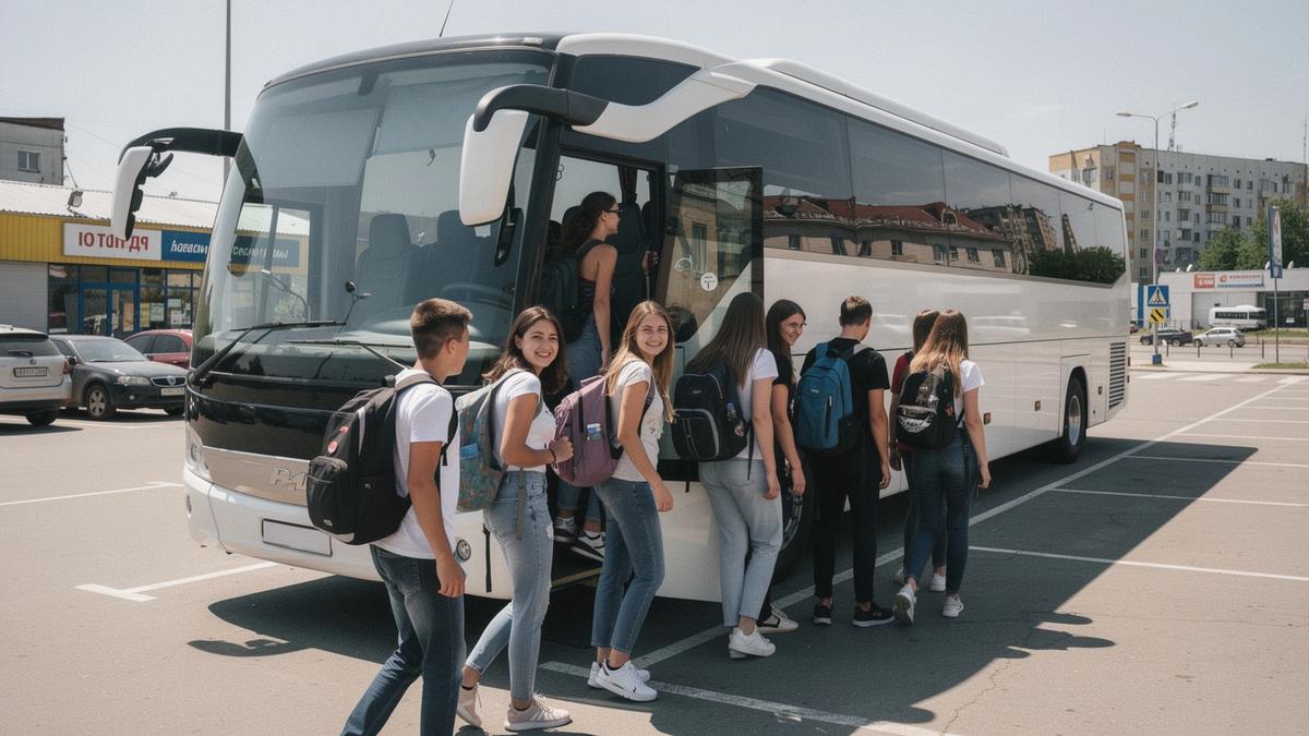 Students boarding a modern tour coach for a European trip