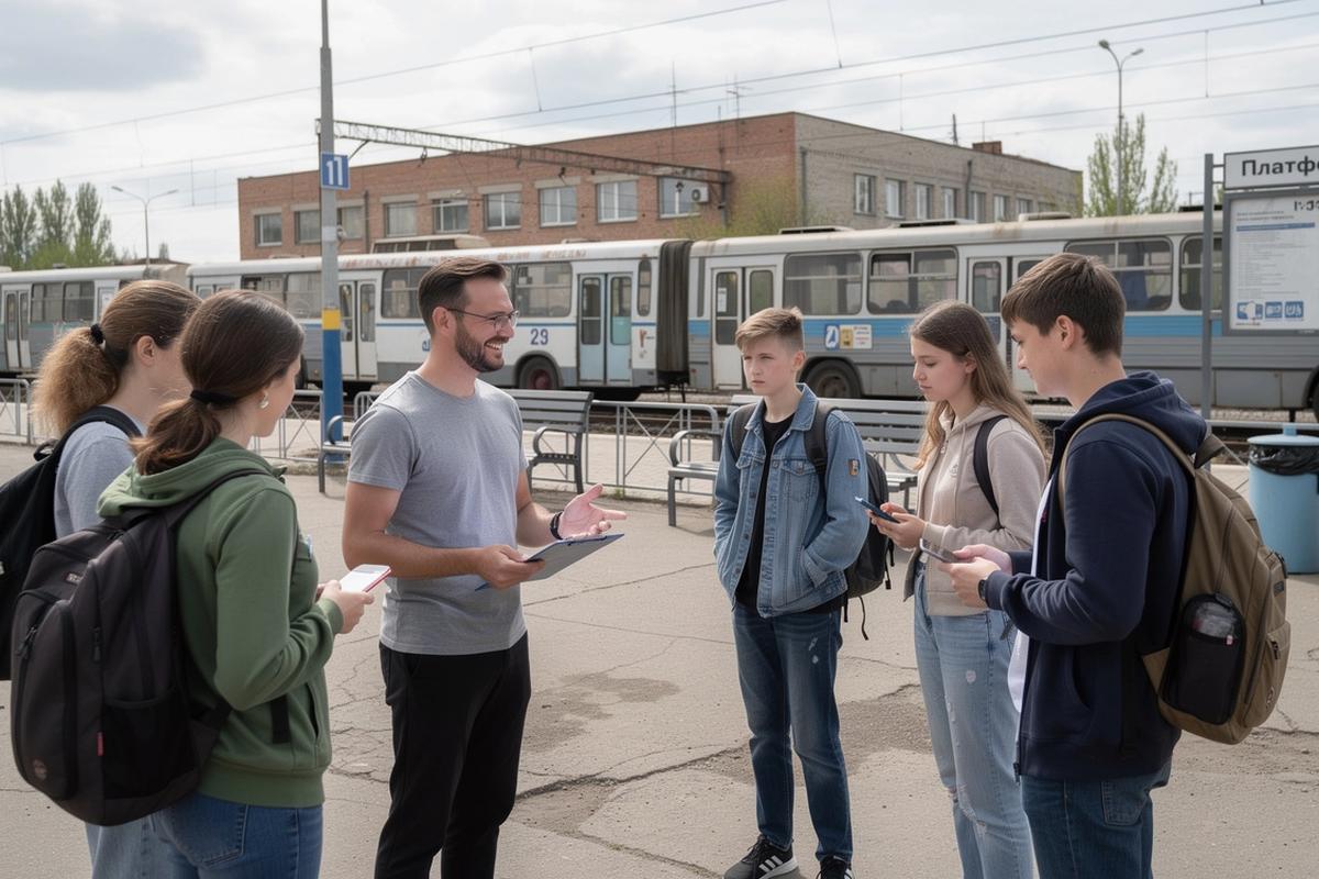 Student travellers meeting a trip coordinator at a departure point