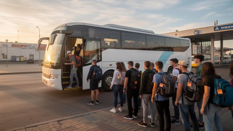 Students boarding a coach in Kyiv for a European trip