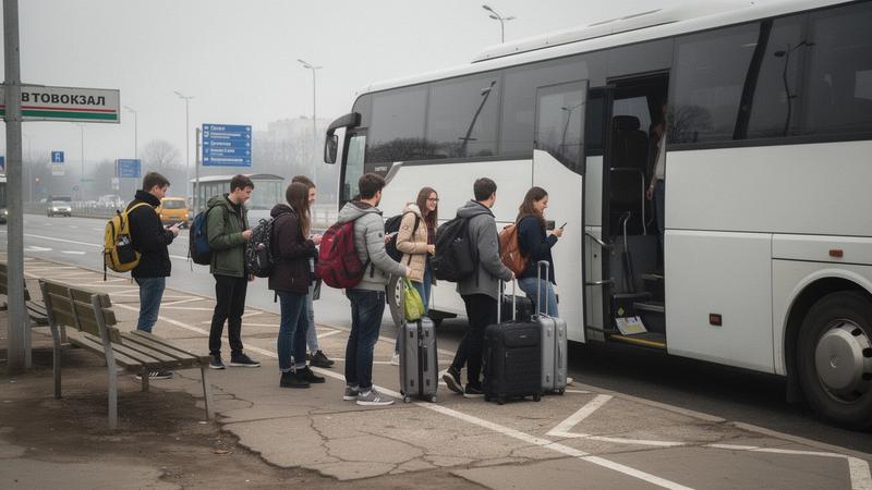 Students boarding a coach in Kyiv for a budget European tour