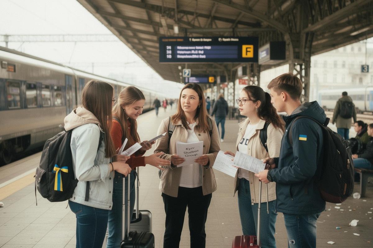 Tour coordinator with students at a European train station